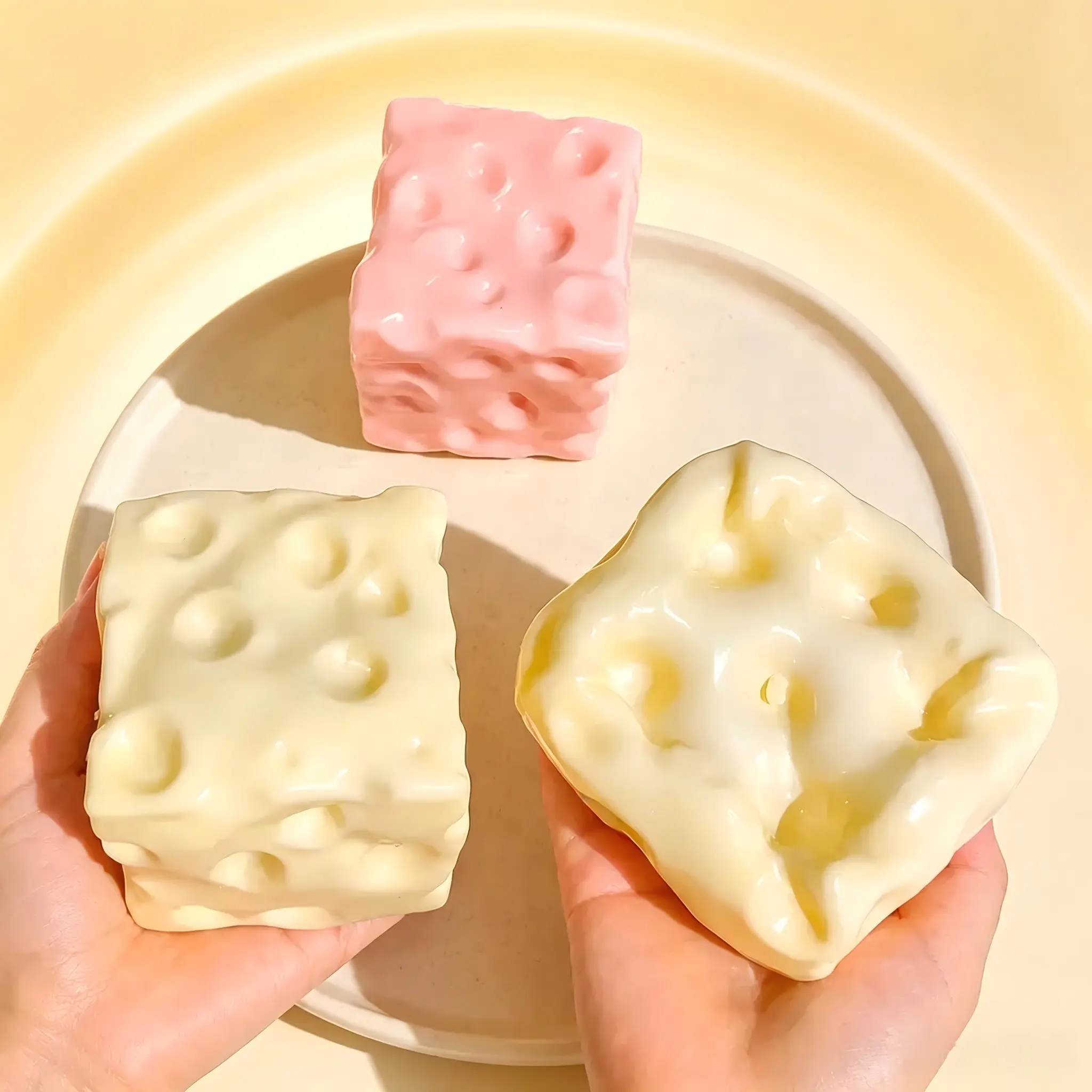 Fully Moldable Non-Rebound Cheese Squishy Toy - Pink & Yellow Coconut Oil-Filled Soft Gel Stress Ball, 7cm Jumbo Squishies, Sensory Fidget Toys for ASMR Relaxation, Whimsical Stress Relief Gifts