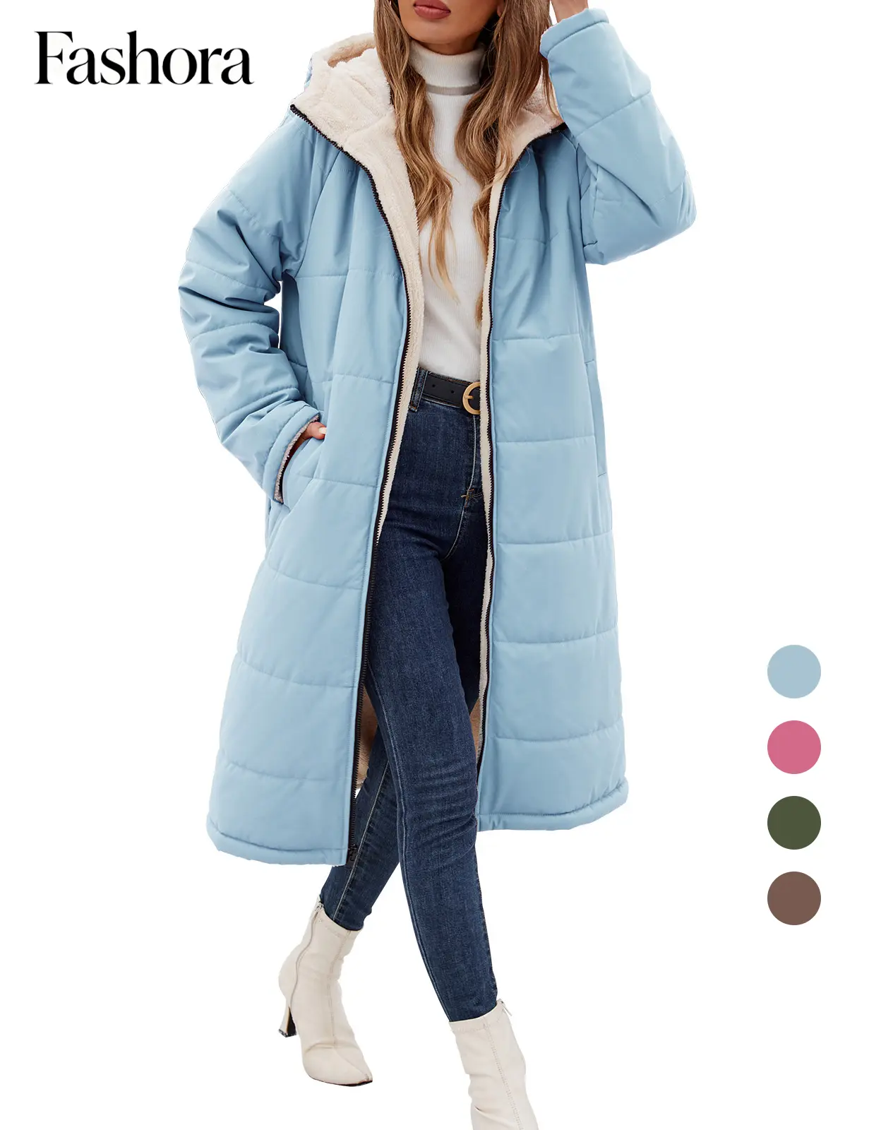 FASHORA Women’s Reversible Long Puffer Coat, Sherpa Lined Windproof Hooded Jacket, Thick Warm Winter Outerwear with Pockets, Casual Loose Fit Long Coat Fashionable Outerwear Cold Weather Gear