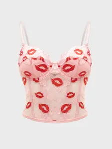 Women's Valentine's Day Lace Lip Print Tank Top, Feminine Sweet Tight-Fitting Vest, Perfect for Daily, Festive Parties, Romantic Dates