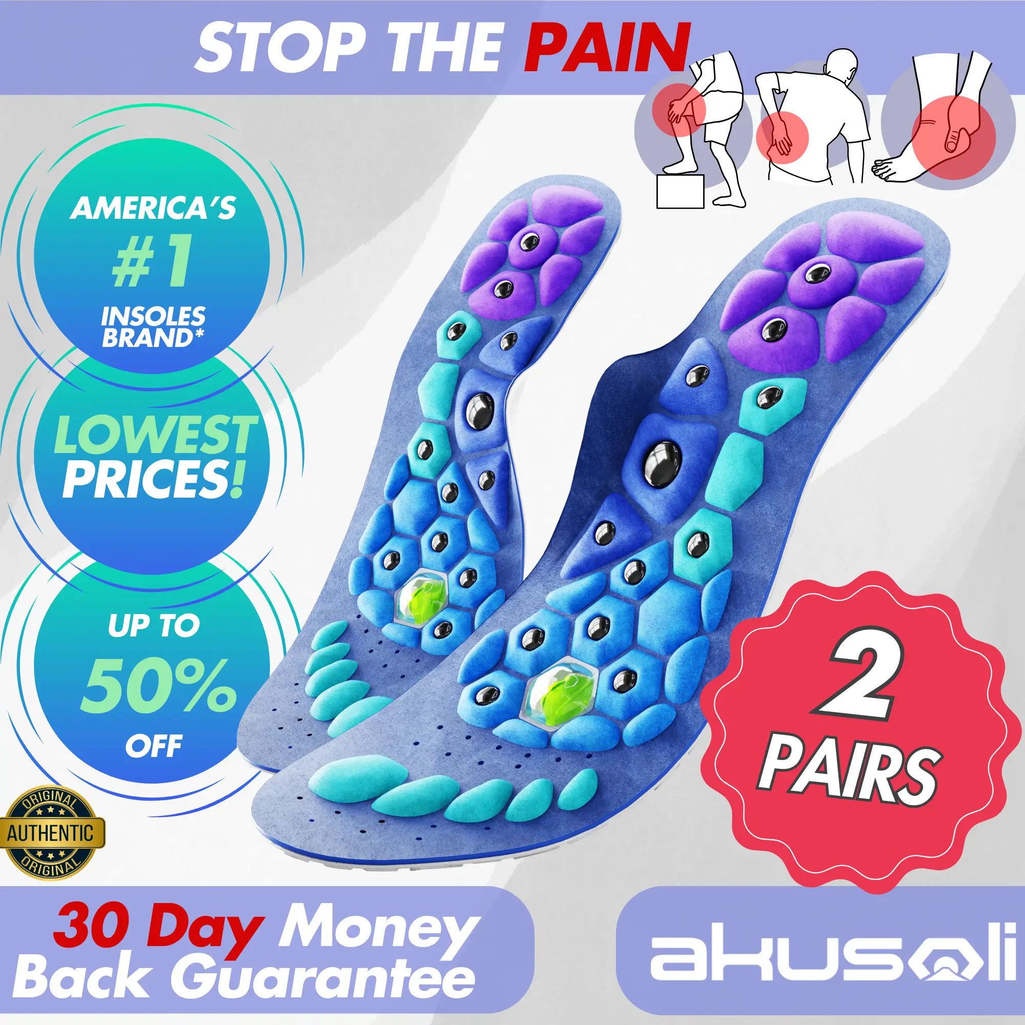 AKUSOLI Plantar Fasciitis Insoles - 2 Pairs | Memory Foam Technology | All-Day Comfort | Cut to Size | Fits All Shoes | Premium Materials | America's