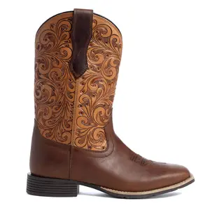Women's Camilita Hand-tooled Brown Cowboy Boots - Leather Footwear with Rubber Sole, Stylish Women's Shoe