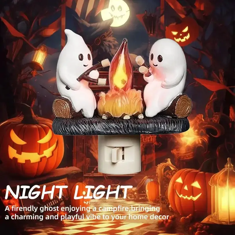 Ghost Campfire Night Light, plug-in wall flickering flame night light, Halloween 3D cute spooky marshmallow ghost decoration for bedroom, spooky season home Halloween decor