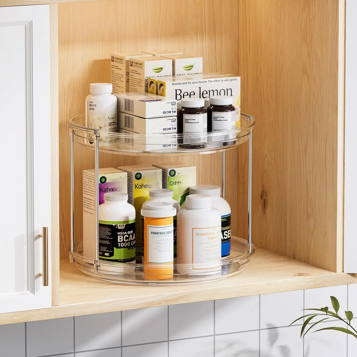 12in 2-Tier Lazy Susan Organizer, Large Rotating Turntable Storage Rack for Kitchen Cabinet, Bathroom Vanity Clear Home Organization Solution