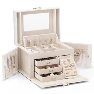 VLANDO Women's Classic Large Rectangle Eco-Friendly Jewelry Box Organizer - 3 Drawers, Baroque Storage Holder with Mirror for Pendants, Earrings, Rings, Necklaces, Birthday Gift