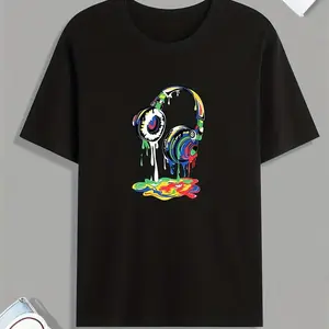 Headphone Drip Paint Print T-Shirt, Men's Tee, Casual Short Sleeve T-Shirt for Summer, Spring, and Autumn, Tops as Gifts