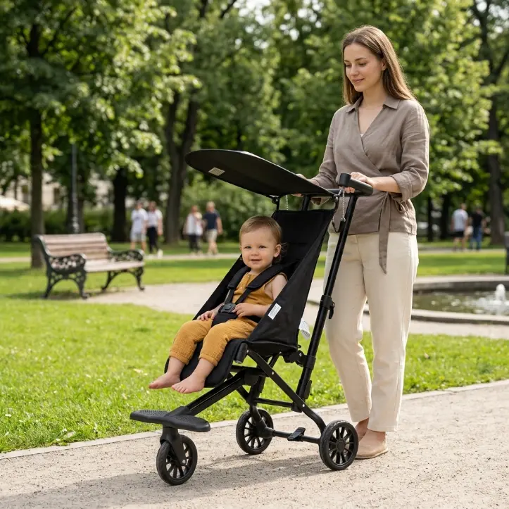 Lightweight travel stroller, sleek black spinner wheels, compact design, theme park certified, quick-folding. pram