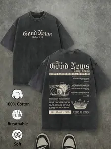 1pc Good News Christian T-Shirt Vintage Washed Oversized Newspaper Print Back 100% Cotton Bible Verse Graphic Tee for Men Women Streetwear Church Top