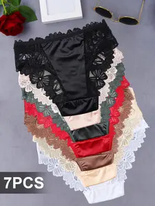 7-Piece Women's Elegant Floral Lace Trimmed Mid-Rise Panties, Sheer Satin Underwear Set, Perfect for Any Occasion, Hand Washable
