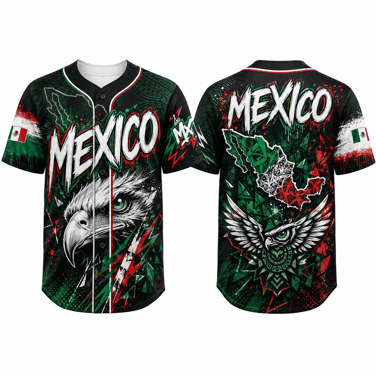 Men's 2026 Mexico Baseball Jersey, Black Streetwear Button Down with Graffiti Eagle Graphic, Map Back Print & Flag Accents, Apparel Jersey, Sports Jersey Tee tiktokshopbacktoschool