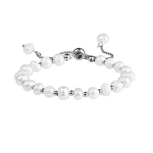 Stately Steel Stainless Steel Pearl Bead Adjustable Bolo Bracelet