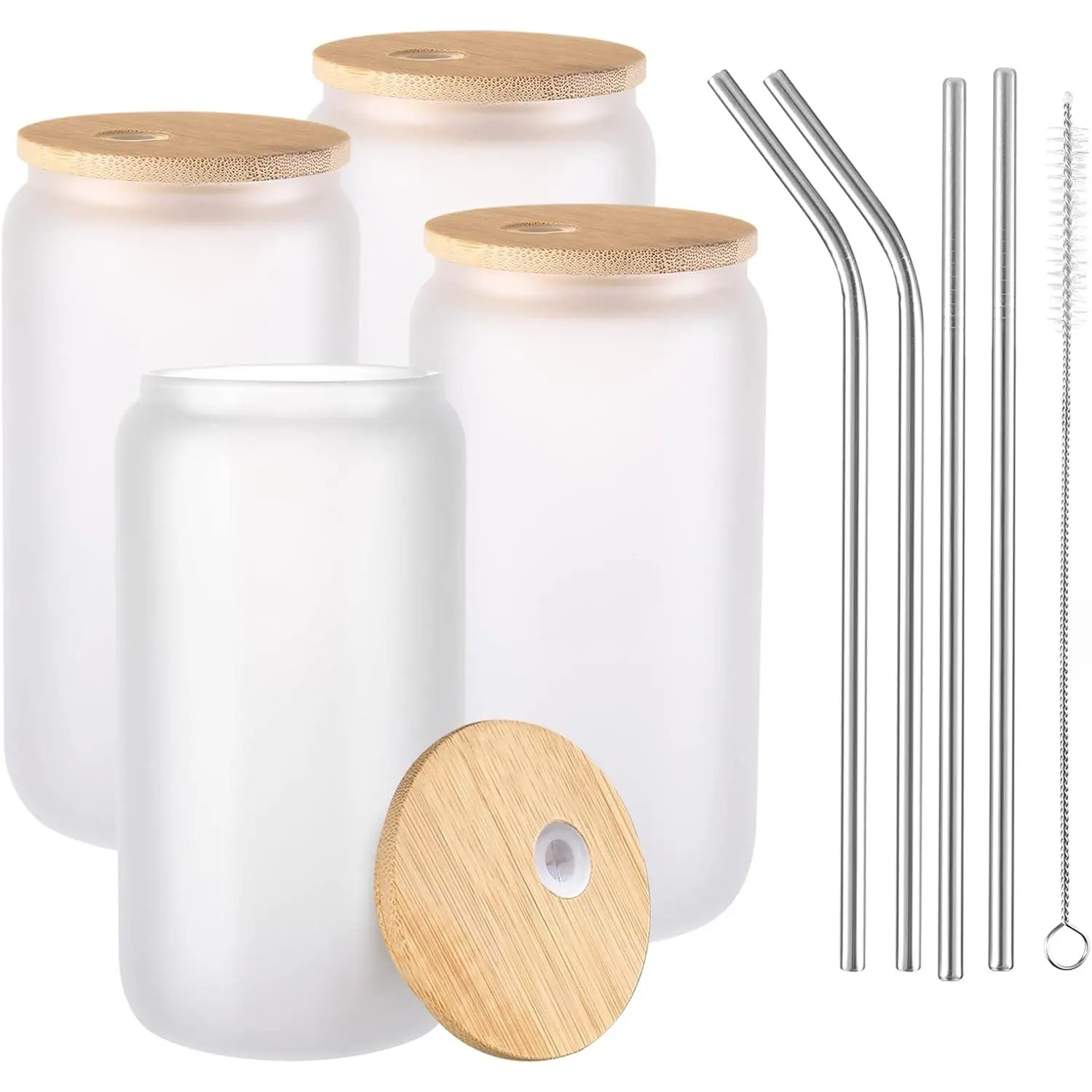 Sublimation Glass Blanks with Bamboo Lid 4 count Set, 16oz Frosted Glass Cups with Lids and Straws, Beer Can Glass Tumblers, Iced Coffee Soda Drinks Beer Cups