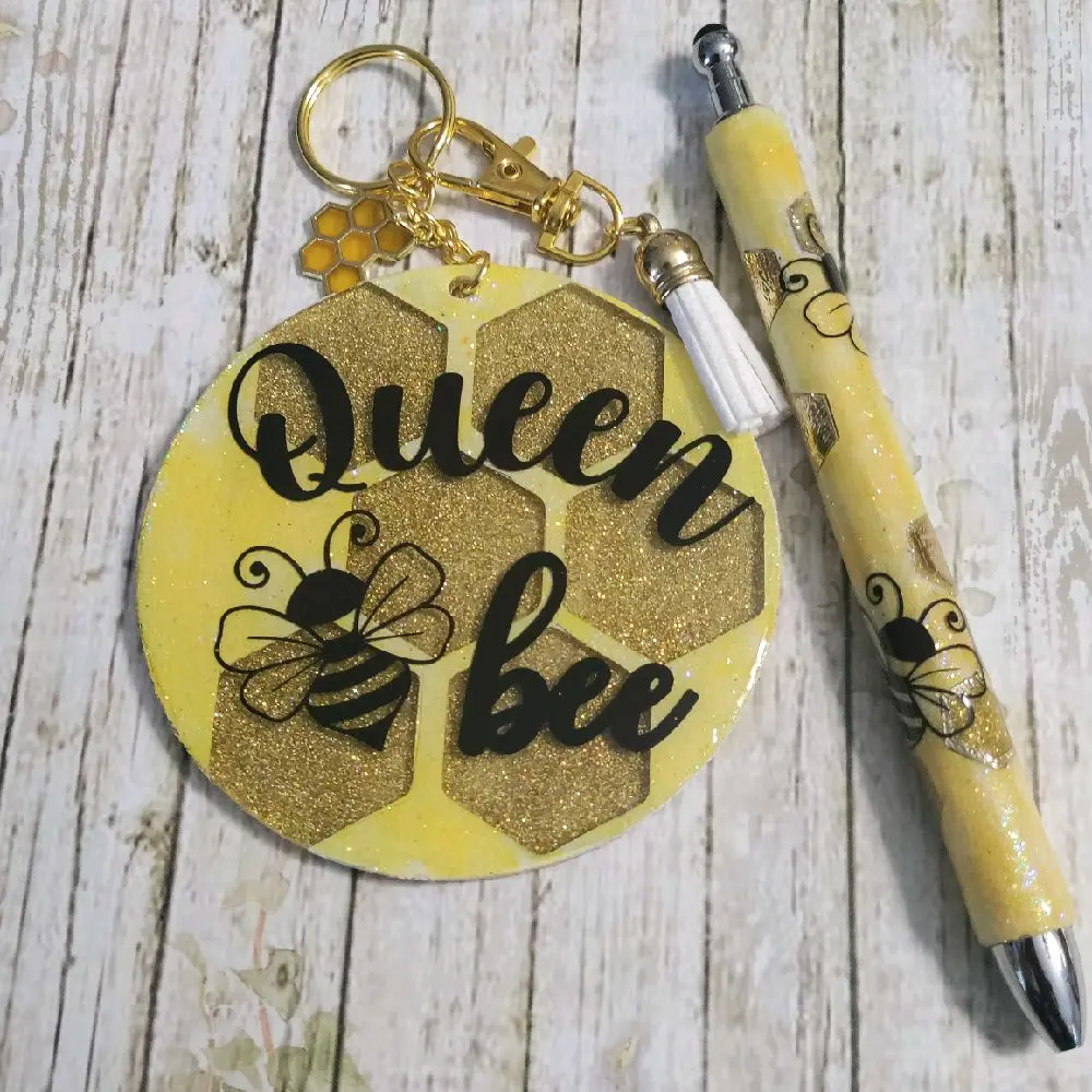 Queen Bee Pen and Keychain Bundle - Yellow Glitter Design with Bee Charm & Tassel Accents