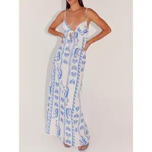 Elegant Blue and White Striped Women's Long Dress - Sleeveless Spaghetti Strap Tie Design, Back Cutout Detail, Loose Summer Dress, Machine Washable Polyester Fiber, Suitable for Beach or Casual Outings, Spaghetti Strap Slip Dress