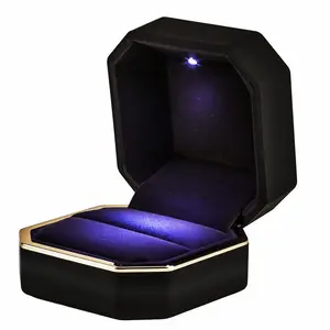 Luxury Ring Box, Square Velvet Wedding Ring Case Jewelry Gift Box with LED Light for Proposal Engagement Wedding, Black
