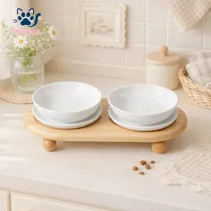 PawLuxuria Ceramic Dog Cat Feeder Anti-Slip! Elevated Removable Bowls Raised Wooden Stand Paw Print Microwave Safe