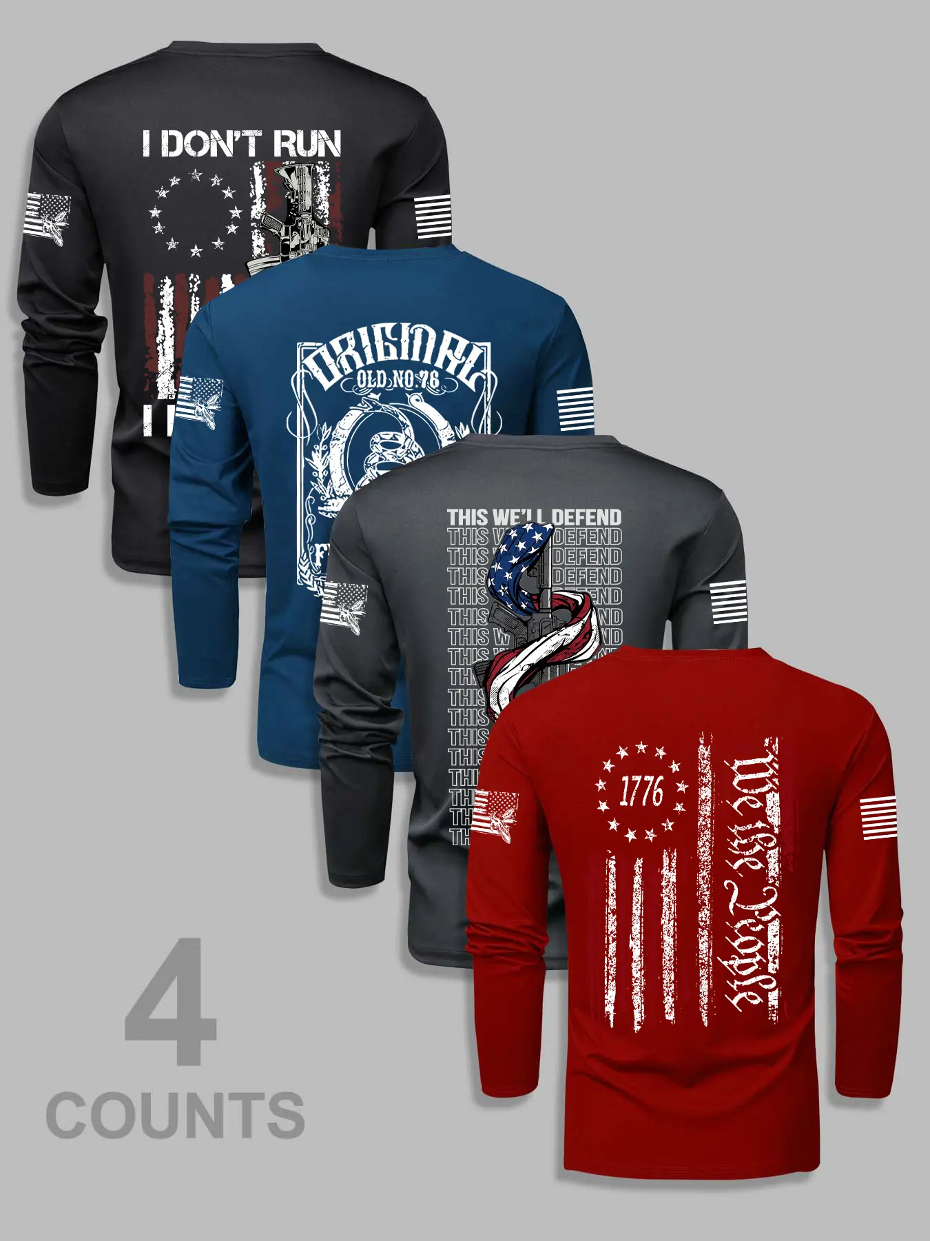 Men's Classic 4-Piece Set Graphic Letter Flag Print Casual Streetwear Menswear Long Sleeve T-Shirt, Casual Fashion Fitted Bottom Layering Top for Fall & Winter
