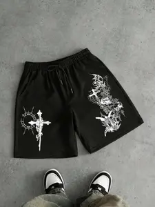 Men's Trendy Dark Aesthetic Angel Demon Shorts, Gothic Print Details, Loose Comfort Fit, Casual Style Bottoms, Hardcore Subculture Choice
