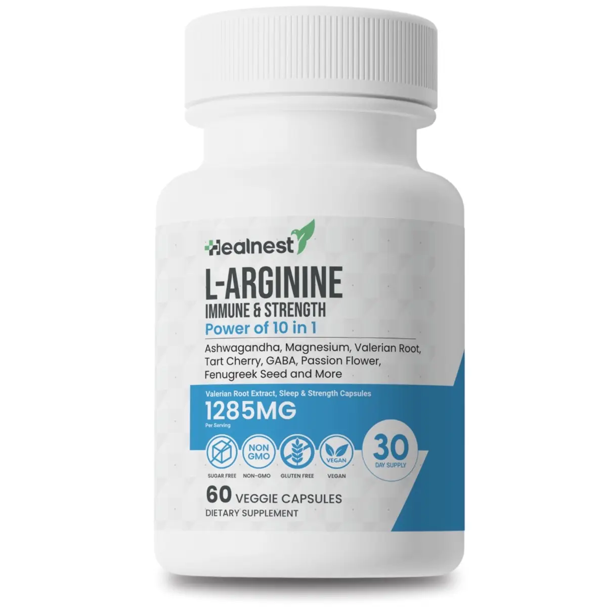 L-Arginine Capsules - 1285MG Blend of L-Theanine, Valerian Root, Ashwagandha, Magnesium, Tart Cherry, Fenugreek Seed Extract, GABA, Zinc – 60 Sugar-Free, Non-GMO, Gluten-Free, Veggie Capsules.