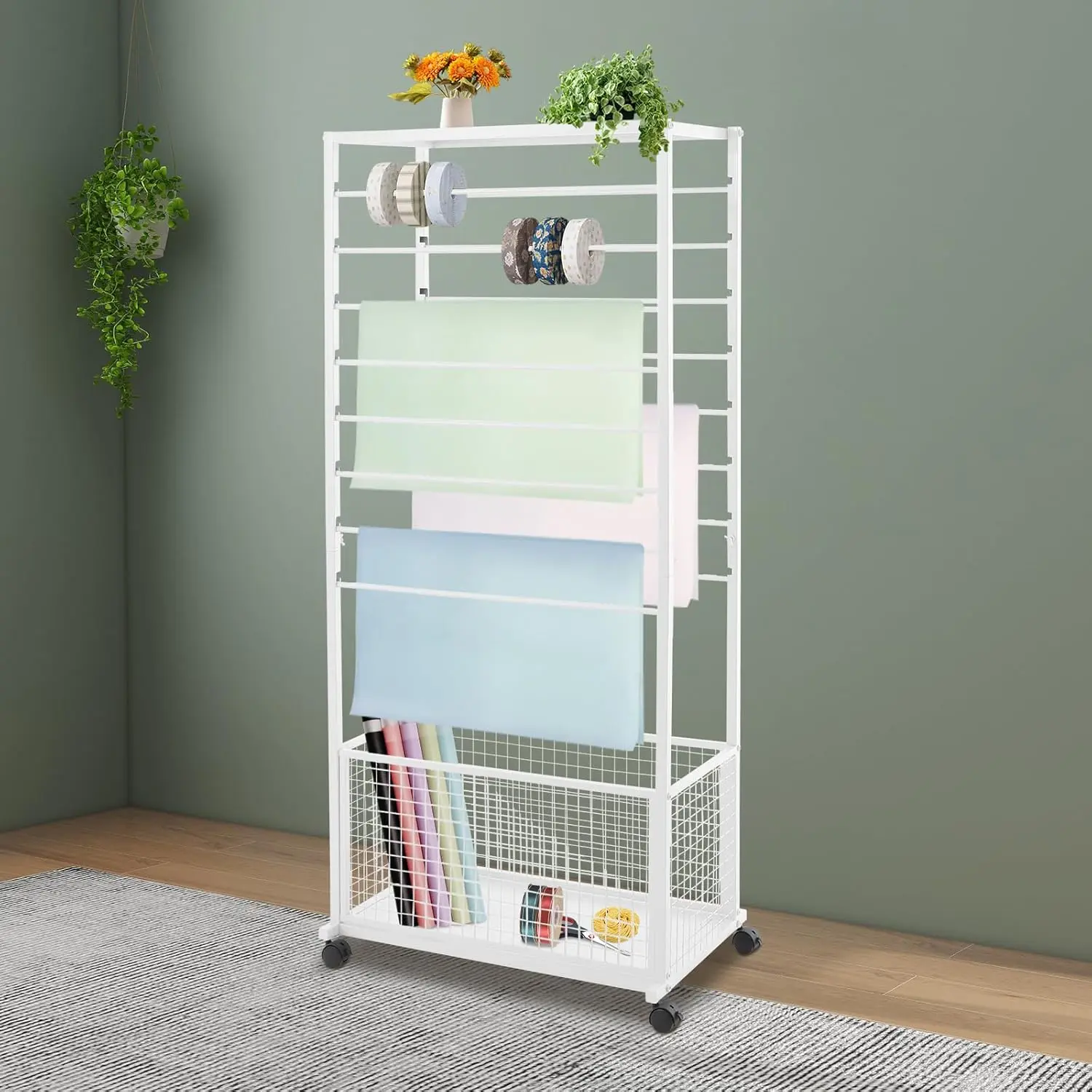 White Adjustable Metal Ribbon Holder Organizer Rack - Double-Sided 16-Layer Adjustable Standing Shelf with Wheels, Multifunctional Storage Stand for Baking Supplies, Flower Shops, Art Rooms, Boutique Shops