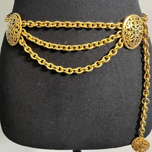Pre-owned CHANEL 24K Gold Plated 36 Inch Chain Belt Featuring Layered Chains & CC Logo Medallions