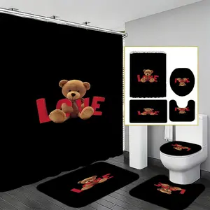 Cute Bear Love Theme Shower Curtain Set, Warm Bath Decor for Sweet Aesthetic Lovers, Perfect for Cozy Bathroom Atmosphere