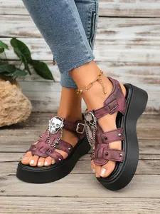 Women's Distressed Leather Skull Chain Thick Sole Versatile Sandals, Party Footwear, Punk Sweet Cool Style, Summer Height Increasing Shoes