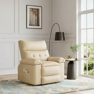 Garvee Oversized Recliner Chair, PU Leather Manual Recliner with Deep Seat, Lazy Single Sofa with Overstuffed Arms and Back, Side Storage Pocket, Comfy  Reclining Chair for Living Room, Beige
