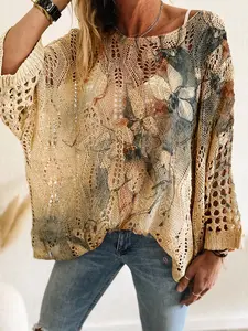 Spring Summer New Round Neck Hollow Out Batwing Sleeve Knit Top, Casual Loose Fit Floral Print Long Sleeve Women's Sweater