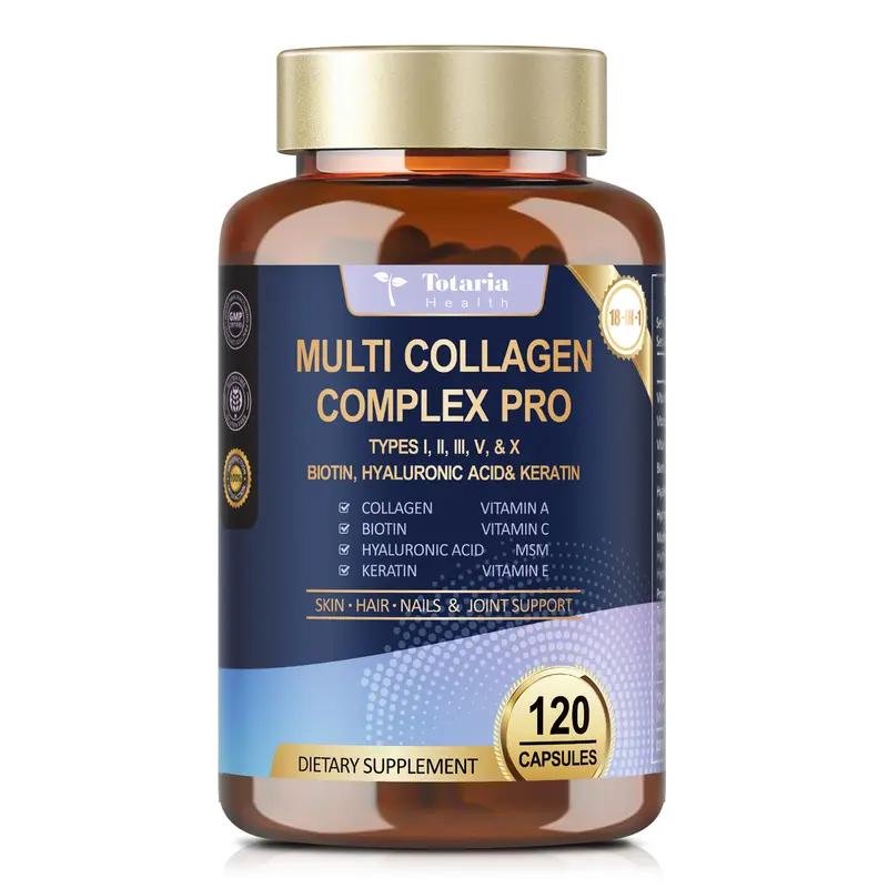 Totaria 18-in-1 Collagen Pro with Hyaluronic Acid Keratin Biotin VIT A C & E for Skin Hair Nails Joint Beauty 120 Capsules Made in USA - Healthcare