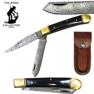 Bone Collector Damascus Dual-Blade Folding Survival Gear - Brass Bolster, Leather Sheath for Camping, Hiking