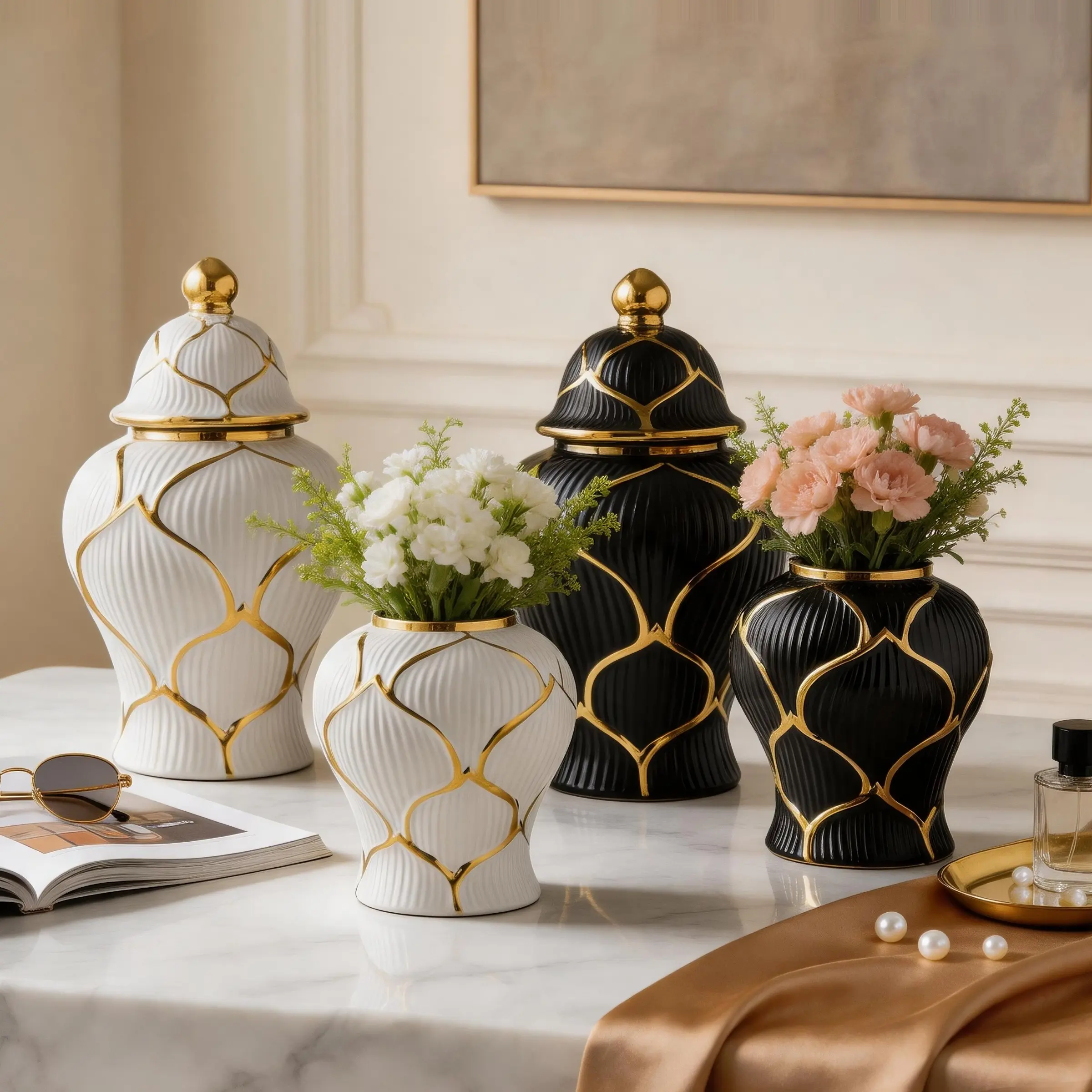 1pc Electroplated Glossy Luxury Modern Ceramic Vase with Lid, Water-Storage Floral Arrangement, Decorative Planter for Home Decoration, Flower Vases, Decorative Flower Vessel