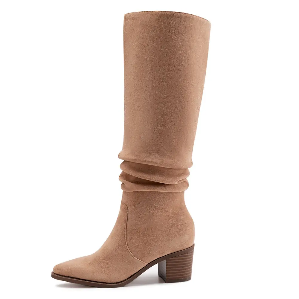 Athlefit Women's Faux Suede Knee High Chunky High Heel Boots - Pointed Toe, Side Zipper, Comfortable Platform, Rubber Sole Footwear (Shoe, Boot Heels)