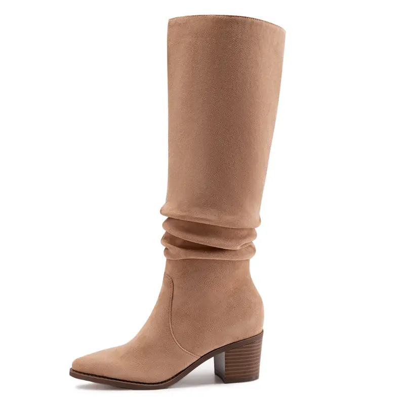 Athlefit Women's Faux Suede Knee-High Block Heel Platform Booties - Footwear Fashion, Pointy Toe Boot, Slip-On, Side Zipper, Casual, Height Increase, Rubber Sole, All Seasons Use,outdoorfun