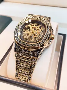 Vintage Carving Skeleton Mechanical Watch Men's Luxury Butterfly Buckle Strap Handwind Watch Hollow Dial Retro Carving Case Business Dress Watch Men's Anniversary Birthday Gift