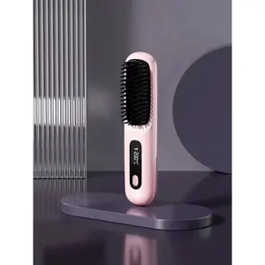 2026 New Go Brush Pro for Short Hair, Portable Straightener Brushs for Travel, with LCD Temperature Display,Fast Heating Cordless Mini Hair Brushs (Pink)