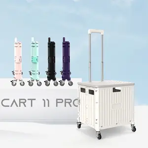 1 foldable portable handcart, 45L foldable handcart, portable small trailer, detachable plastic travel storage box, outdoor handcart with 4 swivel wheels and lid, mobile storage box for camping, shopping, and picnicking