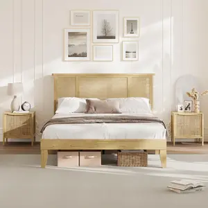 Garvee Full Bed Frame with Natural Rattan Headboard, Bohemian-Style Mattress Support, Strong Metal Base, No Box Spring Needed, Easy  Assembly