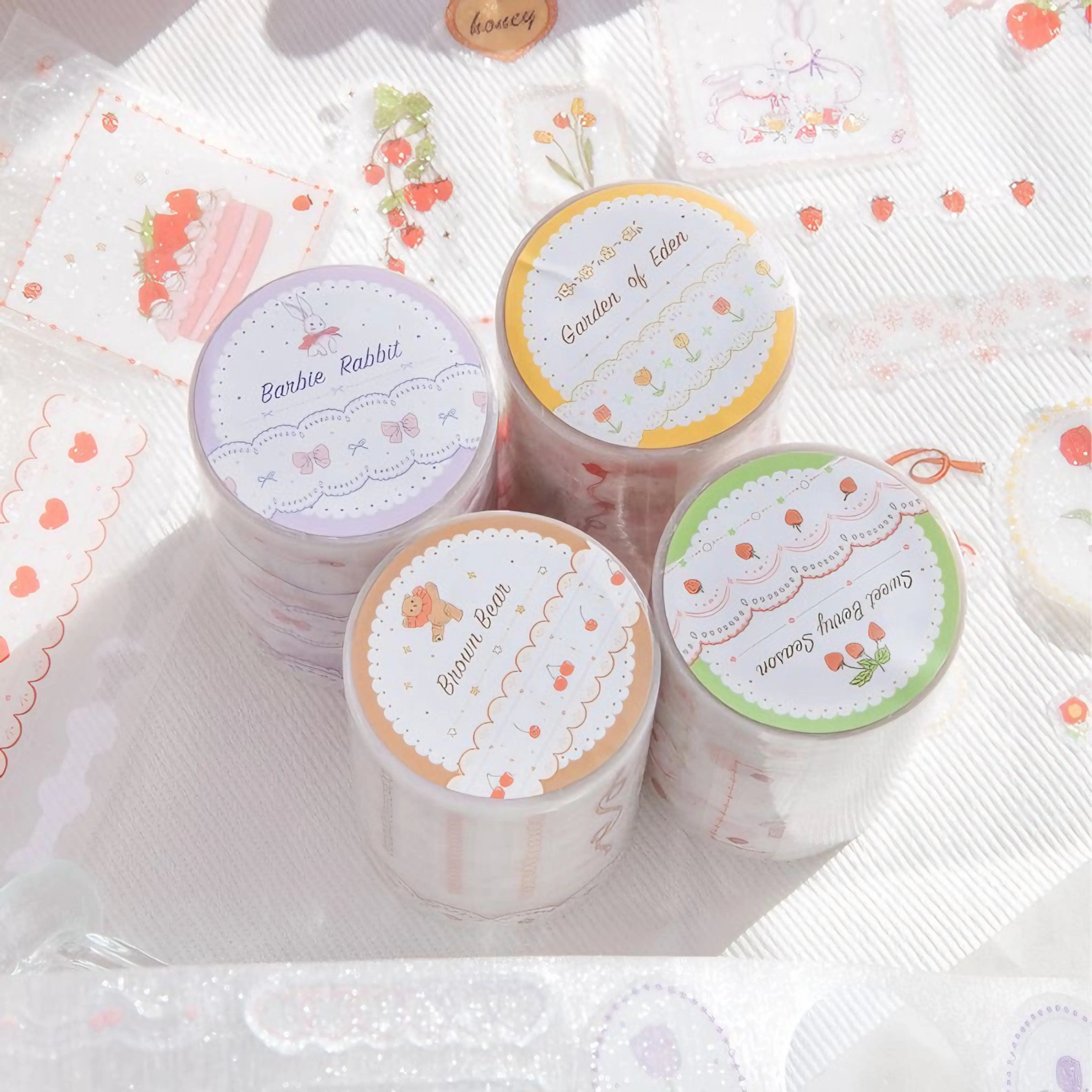 Strawberry Sweetheart Rococo Series PET Glitter Die-Cut Washi Tape Stickers - Sparky, Unique Shapes, Embellishment for Journaling & DIY Decor, Adds Charm to Scrapbooks, Ideal Gift, Die-Cut Stickers