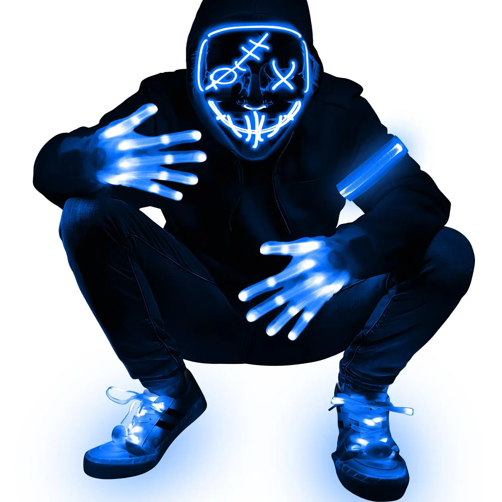 4 Set Halloween LED Mask Light Up Gloves Shoelaces Armbands Light Up Scary Mask Halloween Costume Cosplay Party