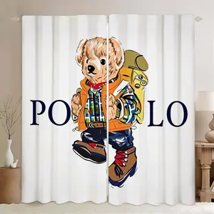 2pcs Creative Polo Bear Print Curtains, Blackout Blinds, Polyester Fiber, Kitchen Bedroom Office Living Room Decor, Door Curtain (rodless), Home Decoration Curtain