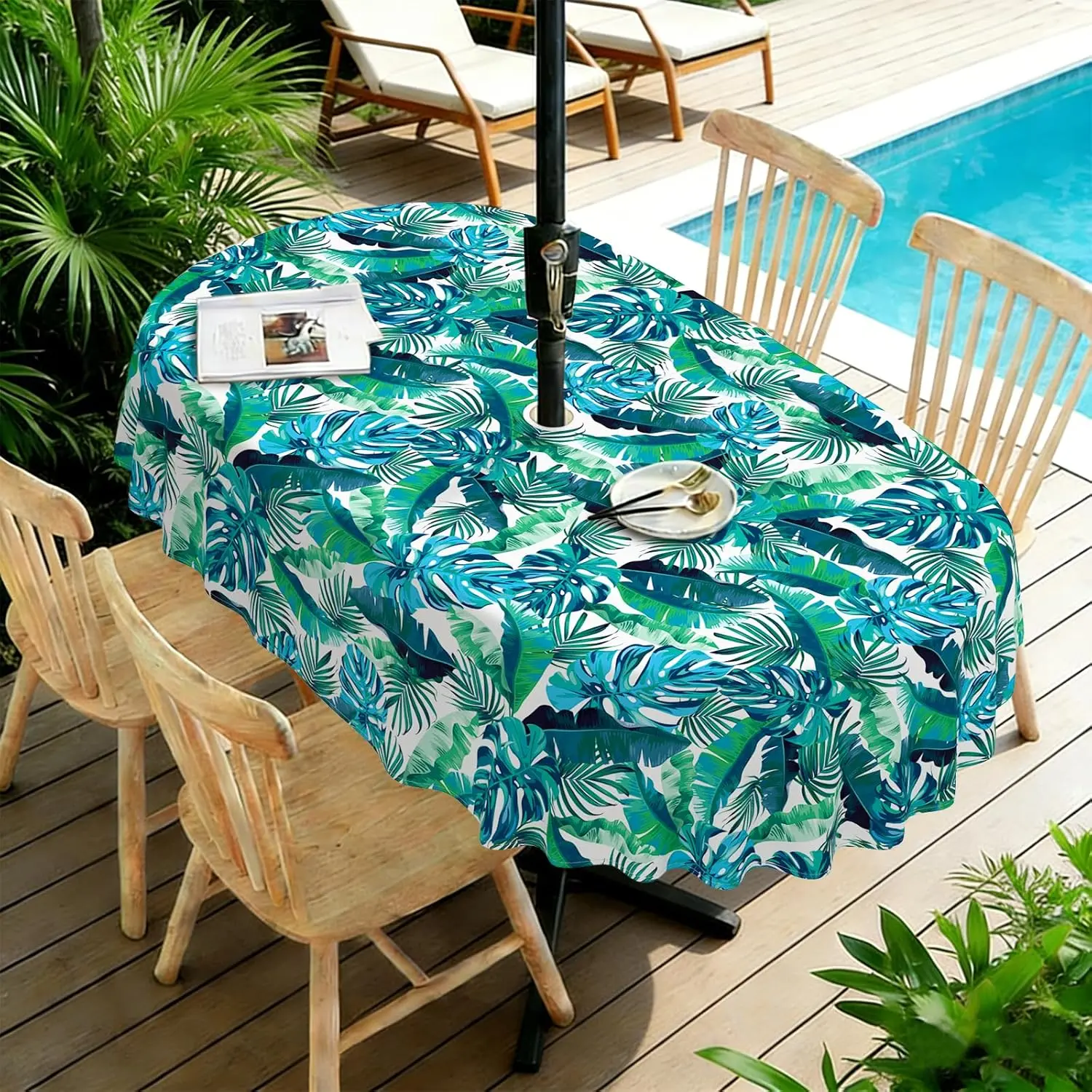 Outdoor Tablecloth with Umbrella Hole and Zipper, Tropical Leaf Waterproof Patio Table Covers, Oval 60" x 102"