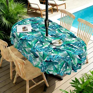 Outdoor Tablecloth with Umbrella Hole and Zipper, Tropical Leaf Waterproof Patio Table Covers, Oval 60" x 84"
