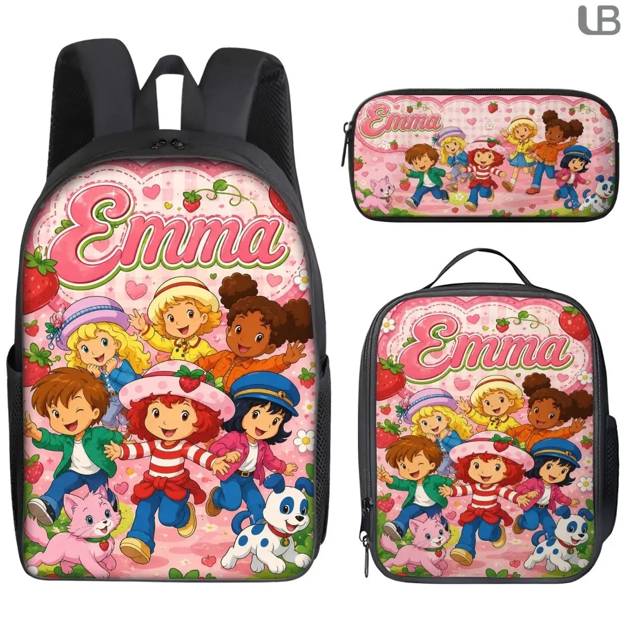 Personalized Sweet Berry Cartoon School Bag Set | Custom Name 3 Pcs Backpack Insulated Lunch Tote & Pencil Case | Back to School Gift
