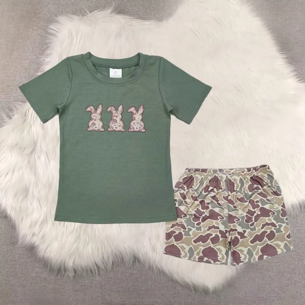 New Clothes Boys Camouflage Bunny Short Sleeve Top with Camouflage Shorts Easter Themed Outfit Set for Kids
