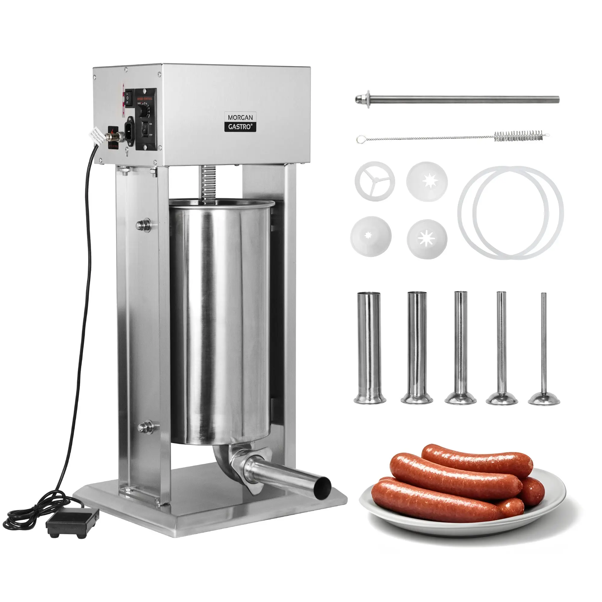 Hakka Commercial Electric Sausage Stuffer, 15L/30 lb Stainless Steel Vertical Sausage Filler Machine, Automatic Sausage Maker with Tiltable Barrel & 5 Stainless Steel Funnels for Restaurant, Butcher Shop & Commercial Kitchen
