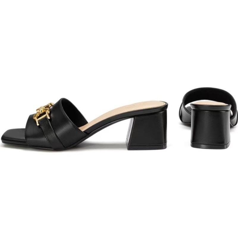 Women's Raffia Heeled Sandals Square Open Toe Slip On Mules Chunky Block Heels with Metal Chain for Summer Vacation