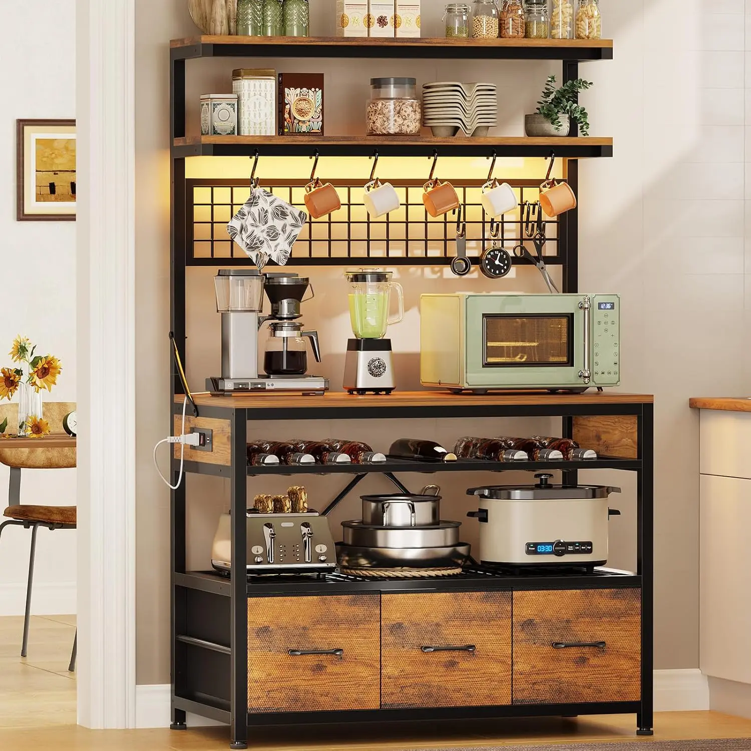 Sikaic 35.4" Coffee Bar Cabinet with Storage & Power Outlet, Bakers Rack Kitchen Cabinet with Hutch, LED Lights, Microwave Stand, Wine Rack & Hooks, Rustic Brown