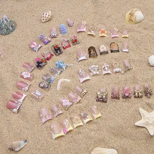 Delicatething Y2K Style Acrylic Nail Tips, Handmade Wearable Nails, Stylish Acrylic Nails, Glossy Fake Nails, 4 Sizes XS S M L, Heart Bow Cross Staff Blue Butterfly Gold Butterfly