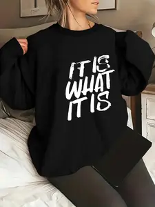 【Plus Size】 Letter Print Drop Shoulder Pullover, Casual Long Sleeve Crew Neck Sweatshirt for Fall & Winter, Women's Clothing for Daily Wear