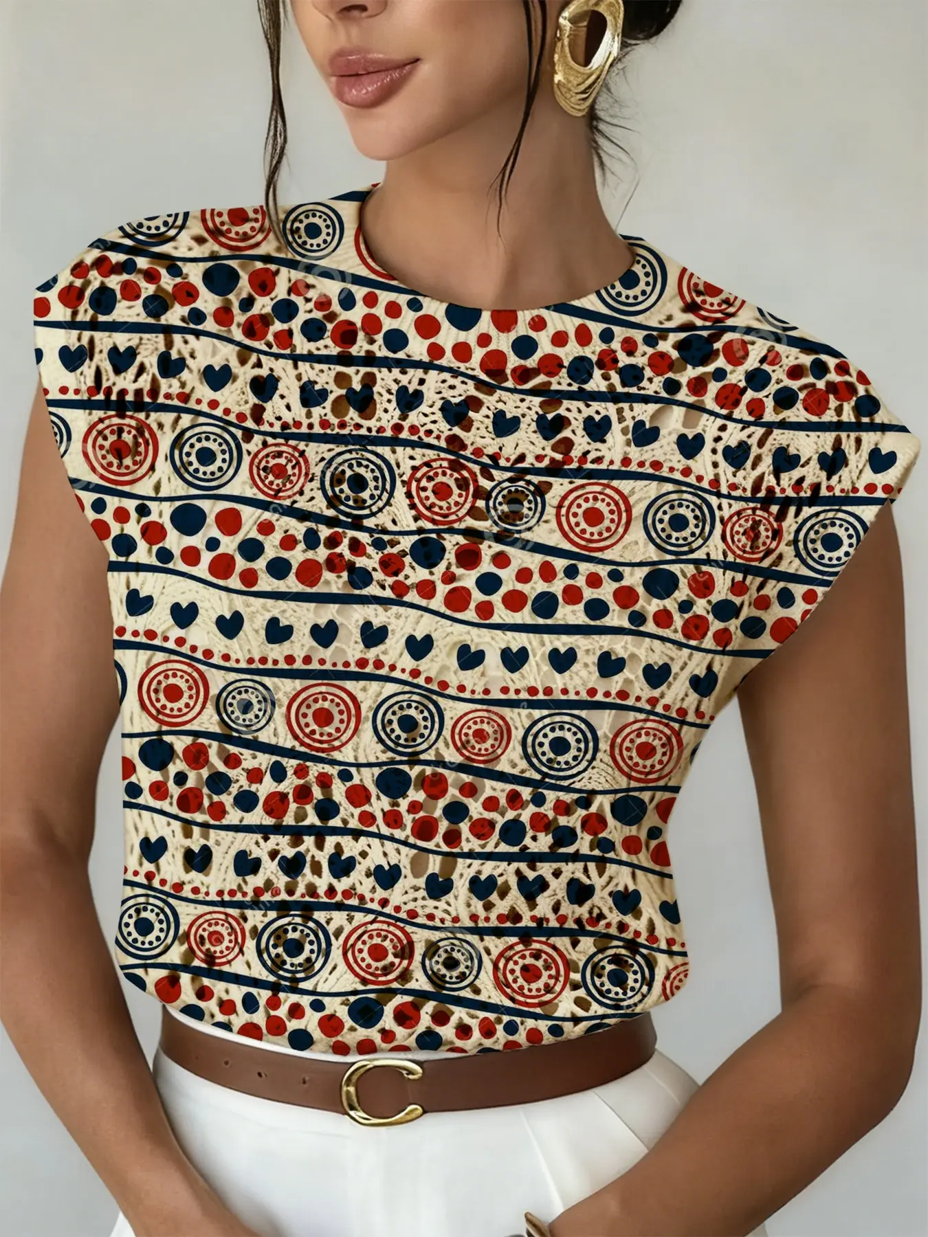 Spring Summer Elegant Women's Ethnic Geometric Stripe Printed Round Neck Sweater, Casual Sleeveless Knitwear, Breathable Daily Wear